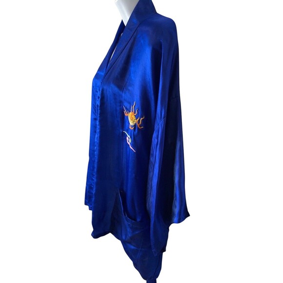 VTG Golden Dragon 100% Silk Embroidered Dragon Robe Blue Kimono Size XL - Picture 3 of 7